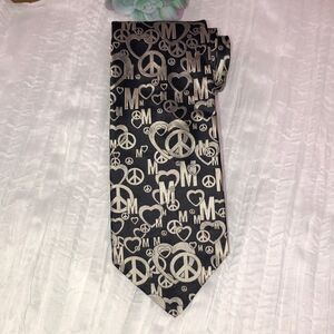 Moschino Black Silver Designer Textured Silk Tie Heart & Peace Logo Print
